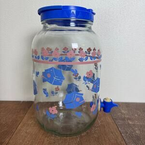 Vintage GALLON Blue Pink Birdhouse Design Glass‎ Drink Dispenser